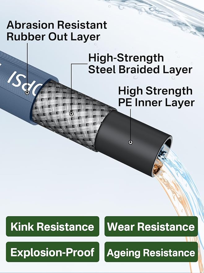 3/8" 4800PSI Pressure Washer Hose 125FT with Swivel Quick Connect for Cold/Hot Water Max 248°F, Kink Resistant Steel Wire Braided, Wear Resistant Power Washer Hose with M22 14mm Adapter