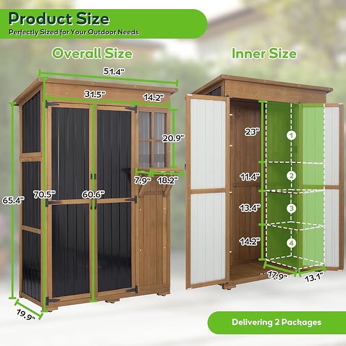 Large Outdoor Storage Cabinet Waterproof with Shelves, Outside Storage Shed Tall Backyard Cabinet with Fold-Out Table for Patio, Garage, Garden, Pool Accessories Storage (70.5" H x 51" L)