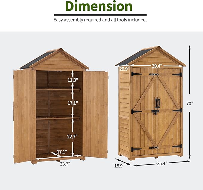 MCombo Outdoor Storage Cabinet with 2 Shelves, Outside Storage Shed with Floor, Wooden Garden Tool Shed with Latch for Yard Deck Lawn, 1000