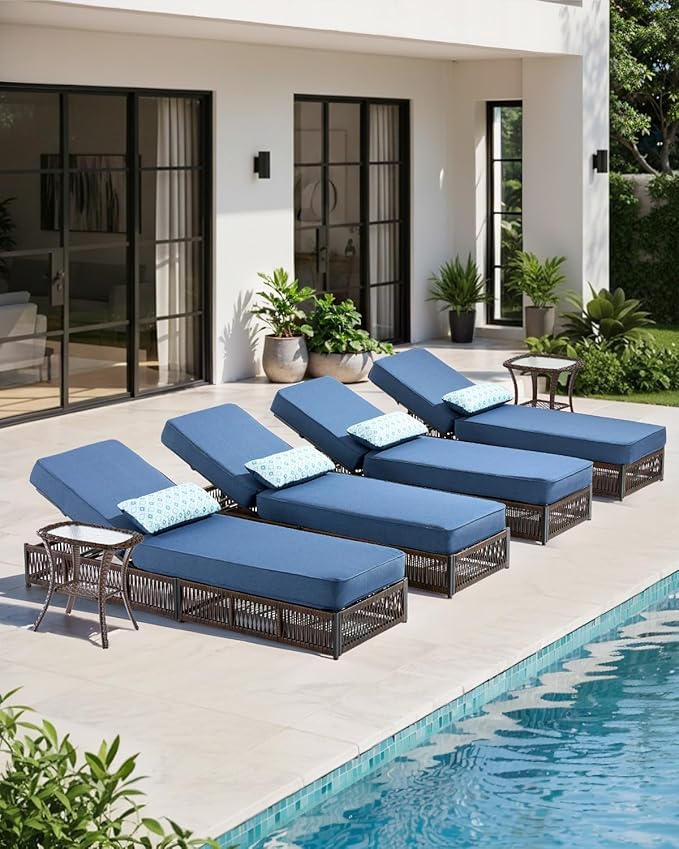 Luxury Outdoor Chaise Lounges with 5 Inch Thickened Cushions - Set of 4 High Back Brown Wicker Patio Recliners Rattan Reclining Chairs Porch Poolside Pool Sunbathing Lounger - Navy Blue