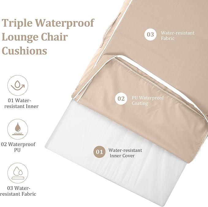 Chaise Lounge Cushions Outdoor Furniture 80 x 26 Inch Patio Lounge Chair Cushions 4'' Thick Waterproof Outdoor Chaise Cushion Weather Resistant Pool Lounger Cushion(Khaki)