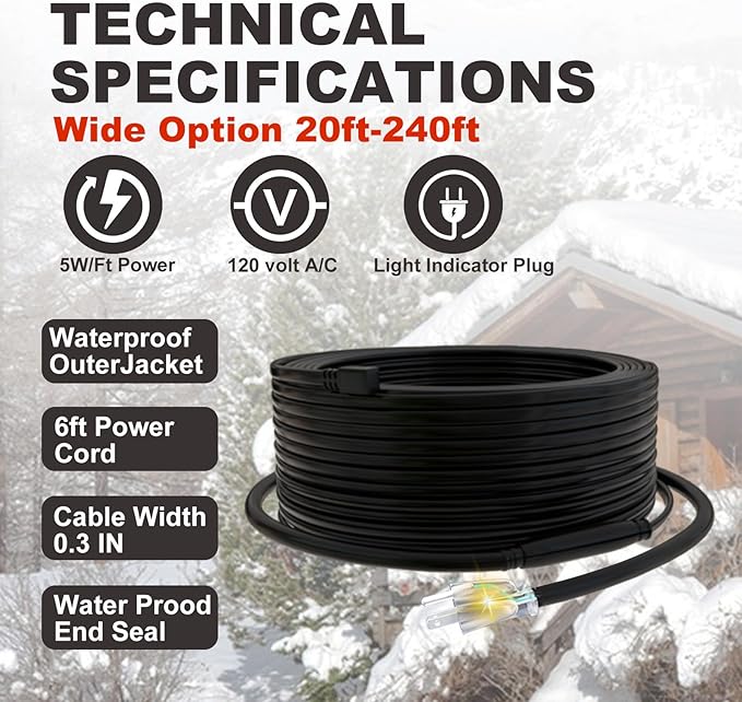 TDRD 30 feet Roof & Gutter Snow De-Icing Kit, 5W/ft Heat Tape for Roof and Gutters Ice Dam Prevention with 6 ft Power Cold