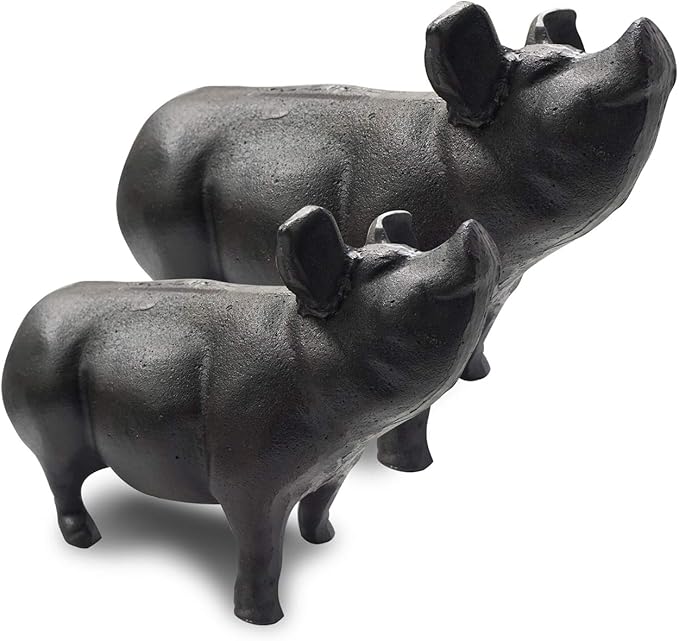 NACH Cast Iron Pig Statue - Black Door Stopper/Paperweight, Rustic Garden Decor, 9.2x3.7x5.9 Inch, Black Head Up Pig
