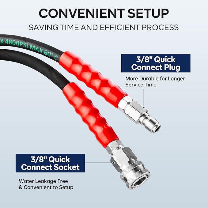 3/8" Pressure Washer Hose 25FT 4800PSI, with M22 14 mm to 3/8 Inch Quick Connect, Kink Resistant Industry Grade Steel Wire Braided Synthetic Rubber Jacket with 2 M22 14mm Adapter Set