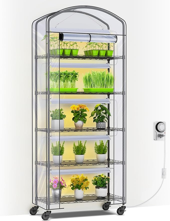 Abimars 5-Tier Greenhouse with Grow Light, Shelf Height Adjustable Metal Plant Shelf with PVC Cover and Wheels, Includes 5-Pack 2900K Full Spectrum Plant Lights, 13x29x73inch
