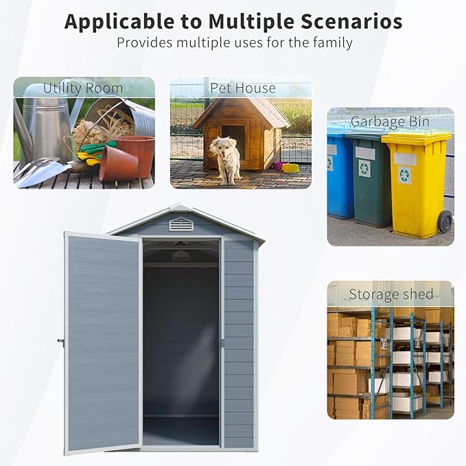4x6ft Outdoor Storage Shed, Resin Patio Furniture Storage with Lockable Door, All-Weather，Garden Shed Kit with Reinforced Floor & Natural Light Window，UV Protection， (Gray, 4x6ft)