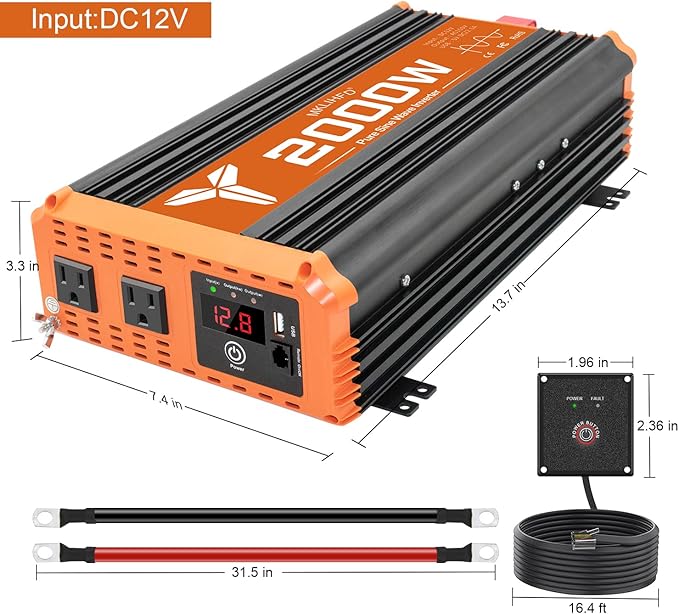 2000 watt Pure sine Wave car Inverter 12V DC to 120V AC, 4000W Surge Peak Power, Inverter for RV, Truck, Solar, Campers with 2 AC Outlet, Remote Control Compatible with Lithium Battery