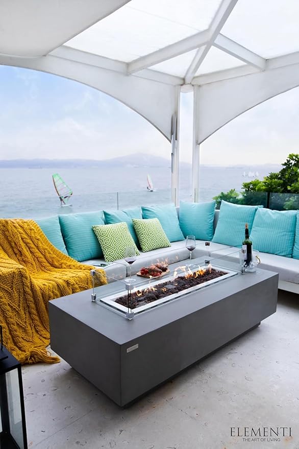 Elementi Granville Gas Fire Pit Bundle Concrete Fire Table, Outdoor Fire Pit Electronic Ignition | Canvas Cover, Lava Rock Included | Free AMS Wind Guard | Light Gray (Propane Gas)