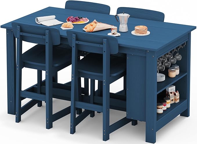 SERWALL Outdoor Bar Table and Chairs Set, 5-Piece HDPE Counter Height Patio Dining Sets with Storage and Wine Rack, Rectangular High Top Bar Table with 4 Bar Stools for Garden, Backyard, Blue
