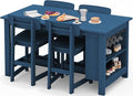 SERWALL Outdoor Bar Table and Chairs Set, 5-Piece HDPE Counter Height Patio Dining Sets with Storage and Wine Rack, Rectangular High Top Bar Table with 4 Bar Stools for Garden, Backyard, Blue