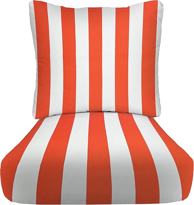 RSH DECOR: Deep Seating Cushion with Pillow Back | 25” x 25” Seat | Water and Fade-Resistant Spun Fabric | Outdoor Chair Cushion Set for Patio Furniture | Coral & White Stripe