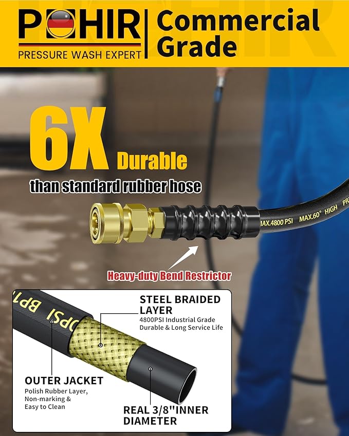3/8" 200FT Pressure Washer Hose 4800PSI, Power Washer Hose Steel Wire Braided with Swivel Quick Connect, Commercial Grade Industrial High Pressure Water Washing Hose (4800PSI, 200FT)