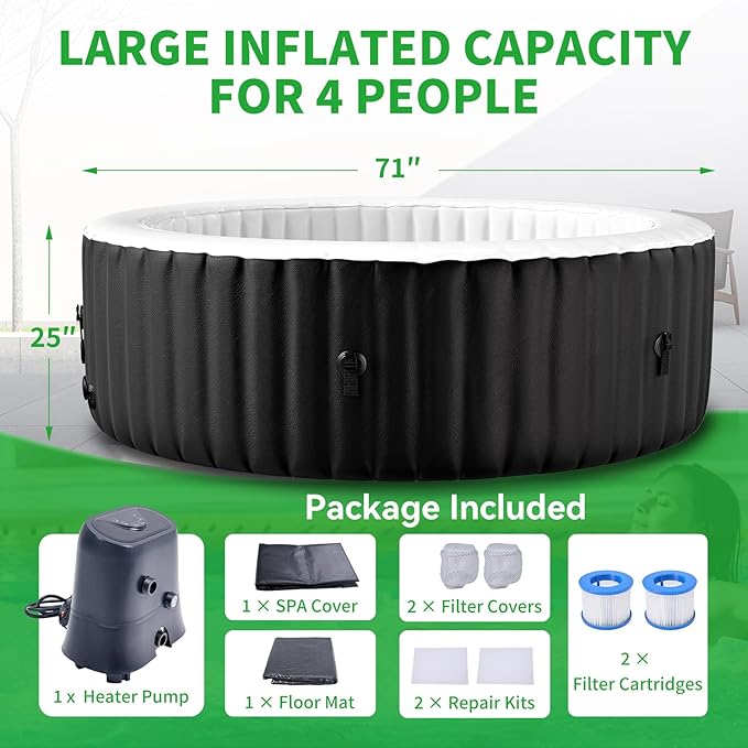 Inflatable Hot Tub, 2-4 Person Round Blow Up Portable Hot Tub, Leak-Proof PVC Outdoor Spa with 120 Strong Air Jets, Heater Pump and Insulated Cover, 71” X 71”X 25”