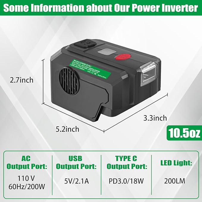 Power Inverter for Ryobi 40V Battery,200W Power Supply Inverter DC 18V to AC 110V, with USB Port & Type C PD3.0 Output Port & LED Lighting