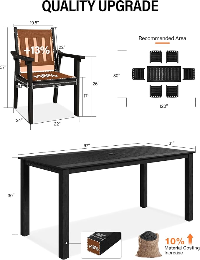 YEFU HIPS Patio Table Set: 7 Piece Outdoor Table and Chairs Dining Furniture Set with Umbrella Hole - Black Modern Plastic Dining Sets 6 Person for Outside Deck with Metal Aluminum Frame