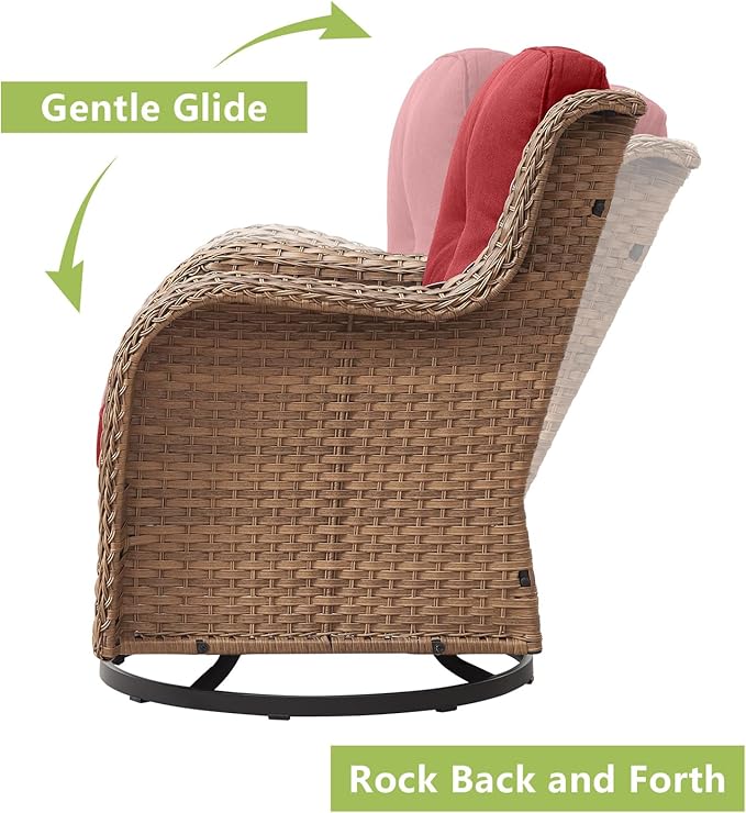 Outdoor Patio Swivel Rocker Chairs - 3 Piece Patio Bistro Set,Wicker Patio Furniture Set with 2 Swivel Rocking Chairs and 1 Glass Top Side Table for Deck Porch Garden,Yellow/Red