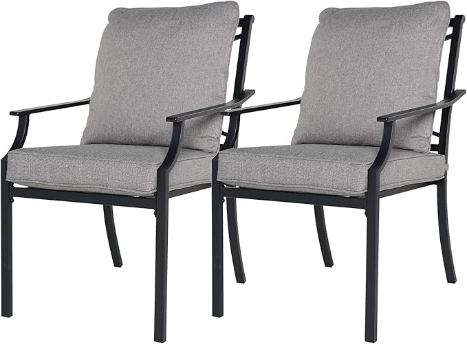 Grand patio Dining Chairs Set of 2，Outdoor Fixed Patio Dining Chairs Set of 2，Fixed Dining Chair，Outdoor Dining Chairs with Grey Cushions, Patio Chairs for Outside, Garden Lawn Porch, Backyard