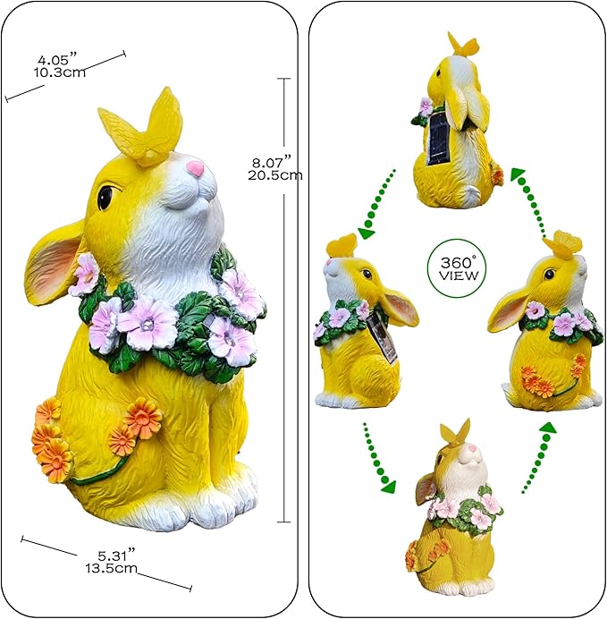 Solar Resin Rabbit Garden Outdoor Statue – Yellow Bunny Figurines with LED Floral Wreath & Butterfly, Decor for Patio Lawn Porch Yard Ornaments for Mom Grandma Wife