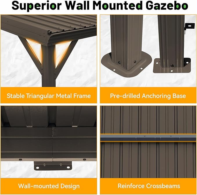 8x8FT Lean to Gazebo, Outdoor Hardtop Wall Mounted Gazebo with Gutter & Sloping Galvanized Steel Roof, Metal Hard Top Awnings for Deck, Porch, Backyard- Brown