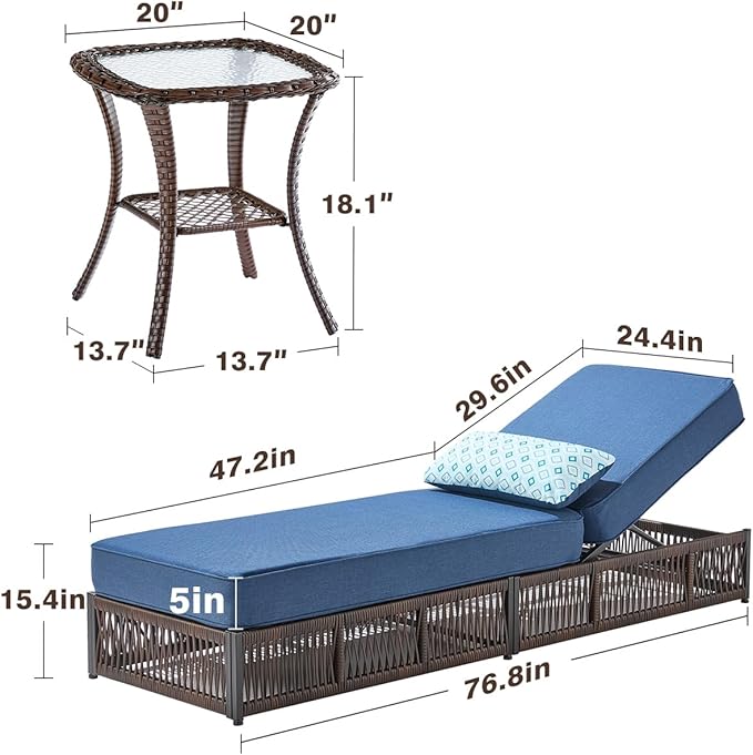Luxury 2PCS Outdoor Chaise Lounge and Side Table Set with 5 Inch Thick Cushions - High Back Brown Wicker Patio Recliners Chairs Lounger for Poolside Pool Porch Garden Sunbathing - Navy Blue