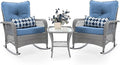 UDPATIO 3 Piece Patio Furniture Set, Wicker Rocking Bistro Set with 2 Rockers, 1 Side Table and 4‘’ Thick Cushions for Backyard, Porch, Balcony, Poolside, Grey/Blue