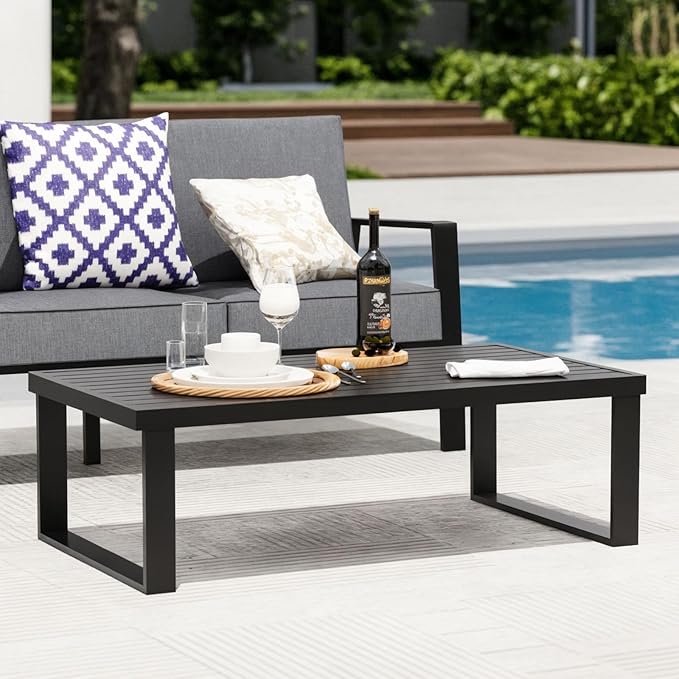 Aluminum Outdoor Coffee Table - Black Rectangle Patio Tables for Deck, and Poolside