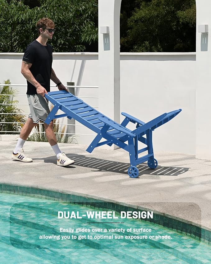 Lounge Chair Outdoor Set of 4 with Wheels, Adjustable 6-Position Chaise Lounge Outdoor, Patio Lounge Chair for Poolside Backyard, Navy Blue