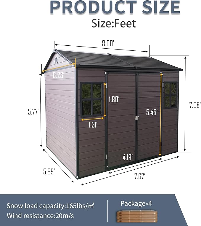 8x6 Ft Resin Outdoor Storage Shed with Floor, 2 Windows & Lockable Door – Weather -, Durable Shed for Backyard, Patio & Tools (Brown) (1 Doors)