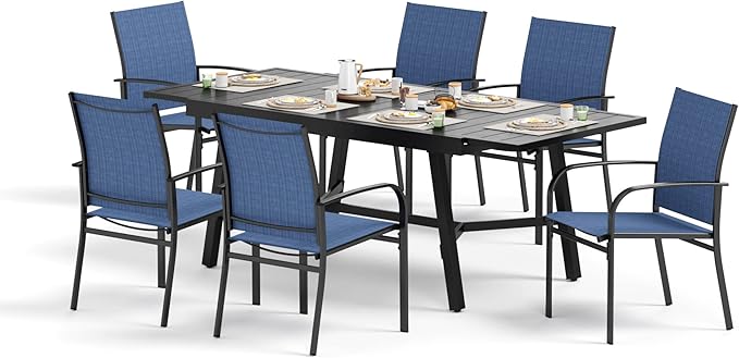Outdoor Dining Chairs Blue Set of 6,61.4x37.4x29.5” Rectangular Dining Table（Extendable）,Patio Dining Set 7 PCS,Patio Dining Set for Outdoor Kitchen Lawn Garden,Bistro,Deck.
