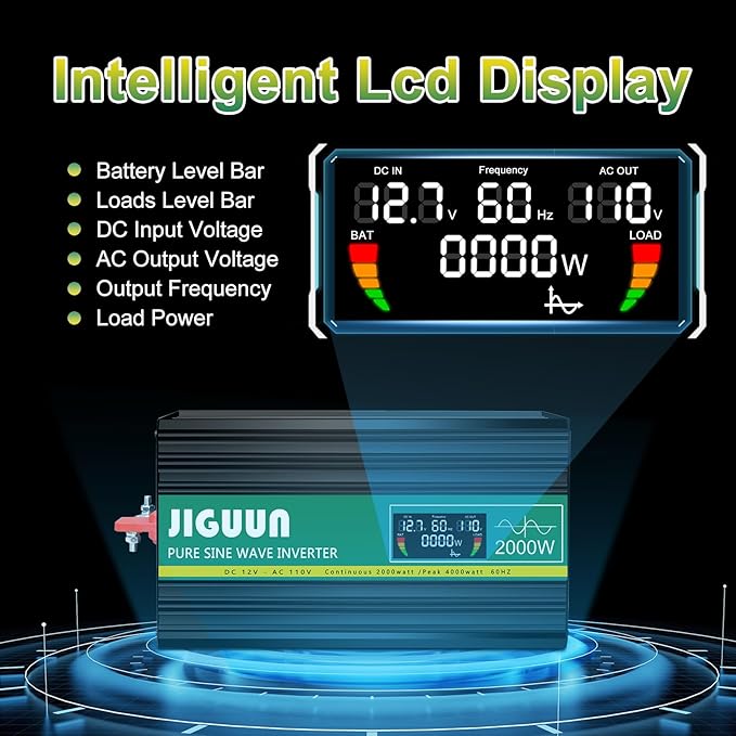 JIGUUN Power Inverter 2000 Watt, DC 12V to AC 120V Pure Sine Wave Inverter with LCD Display, 4 AC Outlets&USB Output, Power Converter with Remote Control for RV Emergency Camping. (PRO2000W-12)