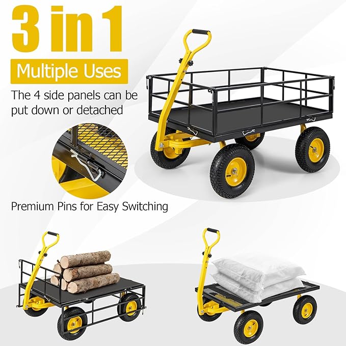Utility Garden Cart, 1200 lbs Capacity Heavy Duty Wagon Cart with Rotating Handle, Removable Sides & 13" Wheels, Metal Utility Cart for Outdoor Hauling & Gardening