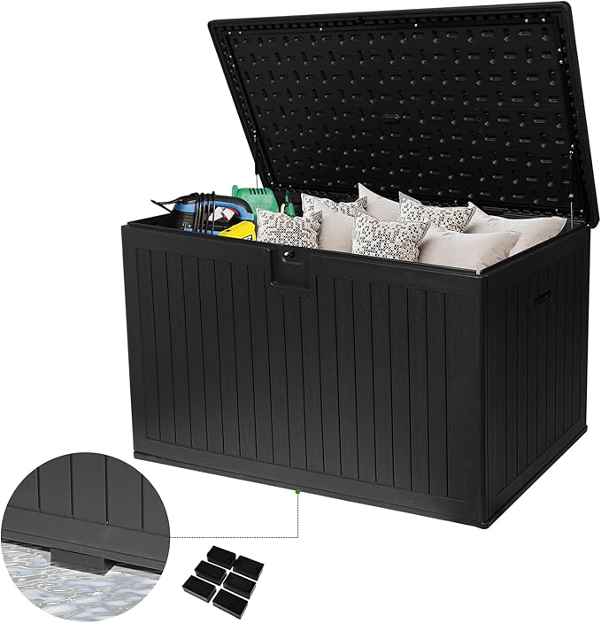 260 Gallon Outdoor Storage Box Waterproof, Extra Large Plastic Outside Deck Box Weatherproof, Resin Outdoor Cushion Storage Container with Lock and Lids for Cushion and Pool Equipment, Black