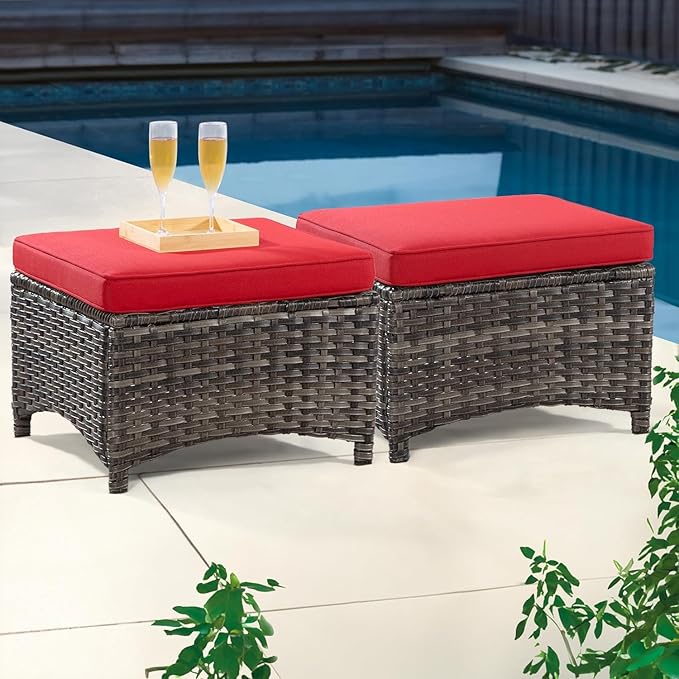 4 Piece Patio Furniture Set, 2 Swivel Glider Chairs and 2 Ottomans PE Wicker Footstool, Outdoors Rattan Conversation Set with Deep Seating and Olefin Cushions, for Backyard, Garden, Red