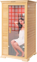 1-Person Home Infrared Dry Sauna Cabin 1600W/110V – Canadian Hemlock Wood, Tempered Glass Door, Red-Light Therapy & Bluetooth Speaker, Easy DIY Assembly, Size 37.1″×35.8″×74″
