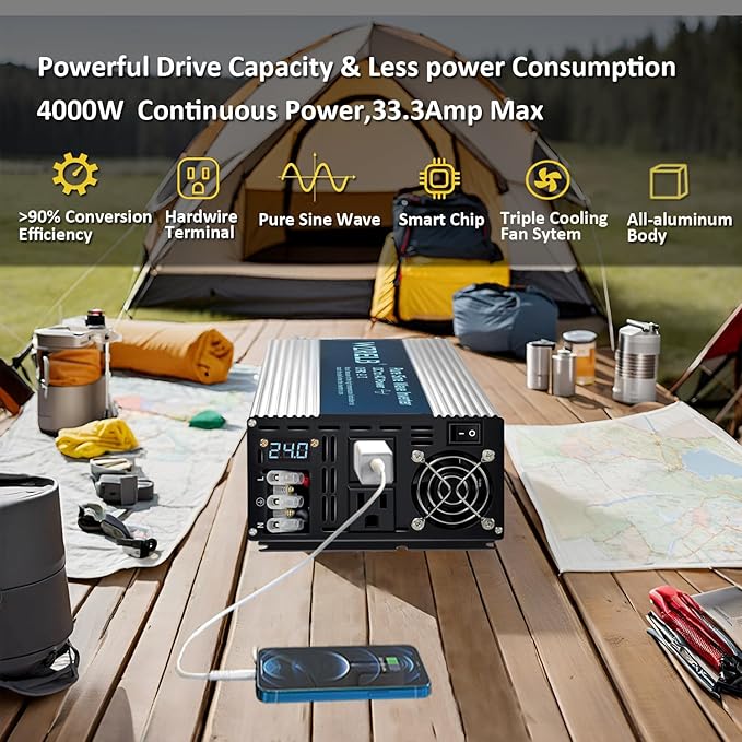 WZRELB 4000W Pure Sine Wave Inverter 24V DC to 110V 120V AC Power Converter with LED Display, Hardwire Terminal,Off-Grid Portable Power Inverter with Dual AC Outlets for Home, RV, Truck, Camping