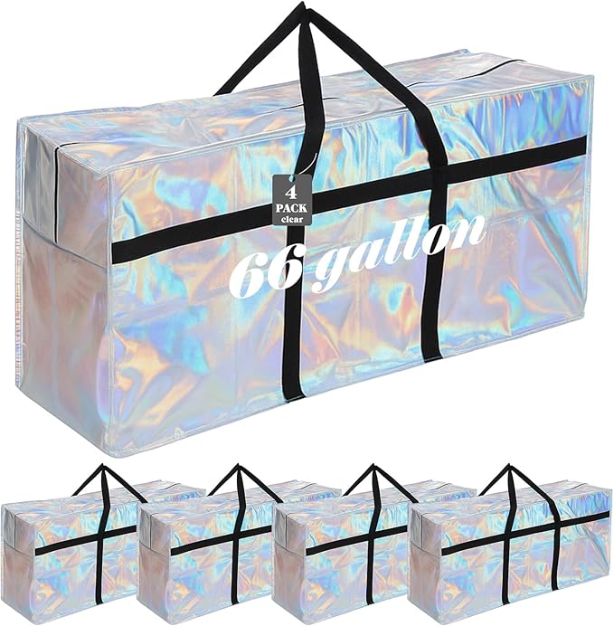 4 Pcs 66 Gallon Large Moving Bags with Zipper and Handles Foldable Storage Duffle Bags Heavy Duty Extra Large Totes for College Dorm Travel Clothes Blankets Bedding Moving (Iridescent)