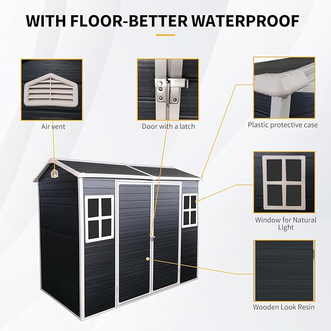 8x4ft Resin Outdoor Storage Shed with Two-Window and Double-Door, Plastic Shed with Floor for Gargen, Patio, Yard, Lawn, Grey (1 Doors) (Black, 4x8ft)
