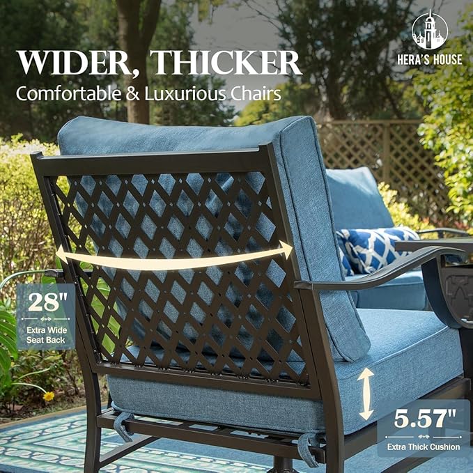 HERA'S HOUSE 4 Piece Patio Furniture Set, 2 x Rocking Metal Frame Cushioned Chair, 3-Seat Sofa with Marbling Coffee Table, Outdoor Conversation Set for Lawn Garden Backyard Poolside, Navy Blue