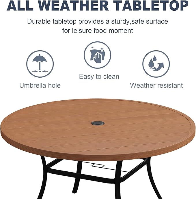 VICLLAX 53" Round Patio Dining Table for 6-8, Metal Outdoor Dining Table with Umbrella Hole for Patio, Garden, Balcony, Walnut