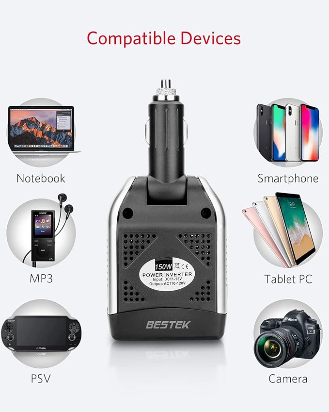 BESTEK 150W Power Inverter 12V to 110V Voltage Converter Car Charger Power Adapter with 2 USB Charging Ports (3.1A Shared) (150W)