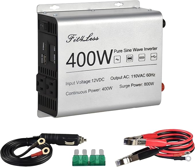 Pure sine Wave Inverter DC 12V Input and AC 110V Output with LCD Display, USB Output Port, Type-C Output Port (400W)