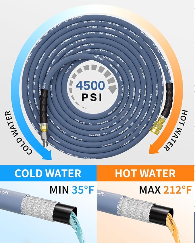 Pressure Washer Hose 50FT 3/8" for Cold and Hot Water 212°F, with Swivel Quick Connect, 4500PSI Kink Resistant Grade Steel Wire Braided, Power Washer Hose With 2pcs M22-14mm Adapter