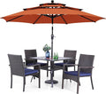PHI VILLA 5 Piece Outdoor Dining Set with Umbrella, 37" Square Metal Dining Table & 4 Cushioned Wicker Rattan Chairs with 10ft Red Umbrella for Patio, Deck, Yard, Porch