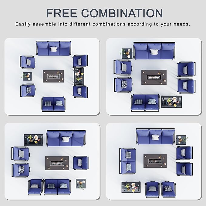9 Pieces Modern Patio Furniture Set, All Weather Metal Outdoor Conversation Sets with Fire Pit Table for Backyard Garden Deck Porch Poolside, Blue