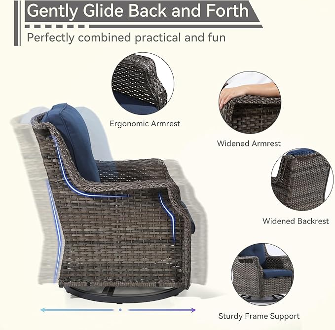 4 Piece Patio Furniture Set, 2 Swivel Glider Chairs and 2 Ottomans PE Wicker Footstool, Outdoors Rattan Conversation Set with Deep Seating and Olefin Cushions, for Backyard, Garden, Navy
