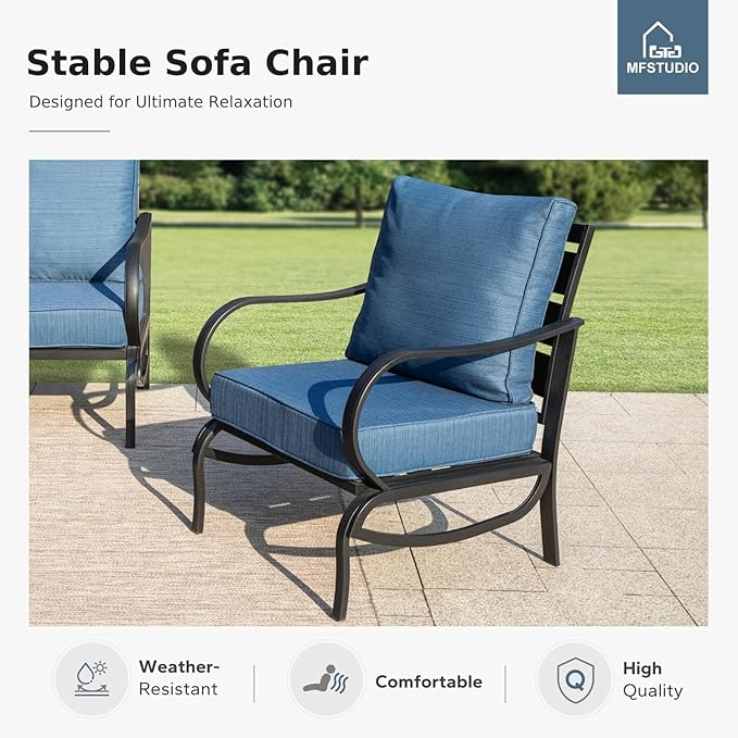 MFSTUDIO 4 Piece Patio Conversation Sets, All Weather Metal Frame Outdoor Furniture Set Patio Sofas with 1 x 45 Rectangular Fire Pit Table, 1 x 3-Seat Sofa, 2 x Sofa Chairs, Peacock Blue Cushion