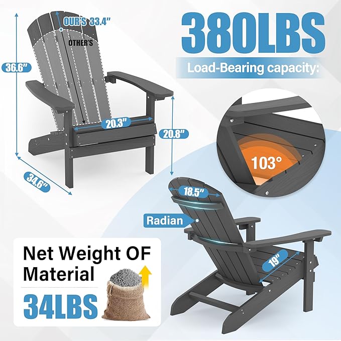 YEFU Adirondack Chair Plastic Weather Resistant, Patio Chairs 5 Steps Easy Installation, Looks Exactly Like Real Wood, Widely Used in Outdoor, Fire Pit, Outside, Garden, Campfire Chairs (Dark Grey)