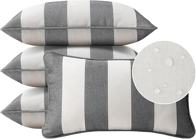 Decorative Outdoor Water Repellent Throw Pillows with Inserts, Set of 4, 20" x12" Pillows for Patio, Backyard, Bed, Couch, and Patio Furniture, Gray Stripe