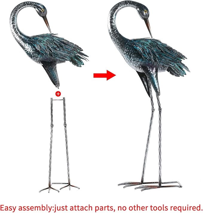 Kircust Garden Crane Statue for Outdoor, Blue Heron Decoy Garden Sculptures and Statues, Metal Bird Yard Art for Lawn Patio Decor, Set of 2
