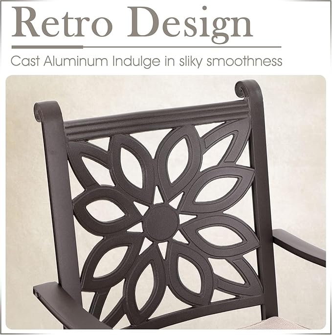 MFSTUDIO 7 Pieces Cast Aluminum Patio Dining Set, Retro Design Outdoor Table and Chairs Set with 6×Swivel & Rock Chair and 1×63" Rectangular Outdoor Dining Table